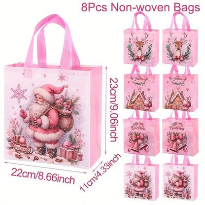 8pcs Pink Christmas Tote Bags with Handles, Reusable Non-Woven Gift Bags with Santa, Elk & Bell Prints for Holiday Packaging & Festive Decor