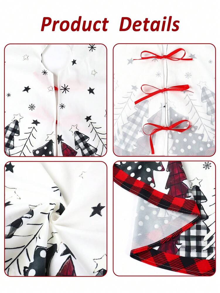 Red & Black Plaid Christmas Tree Skirt, Snowflake Pattern Round Tree Mat, Soft Decorative Base Cover for Living Room & Winter Holiday Home Decor