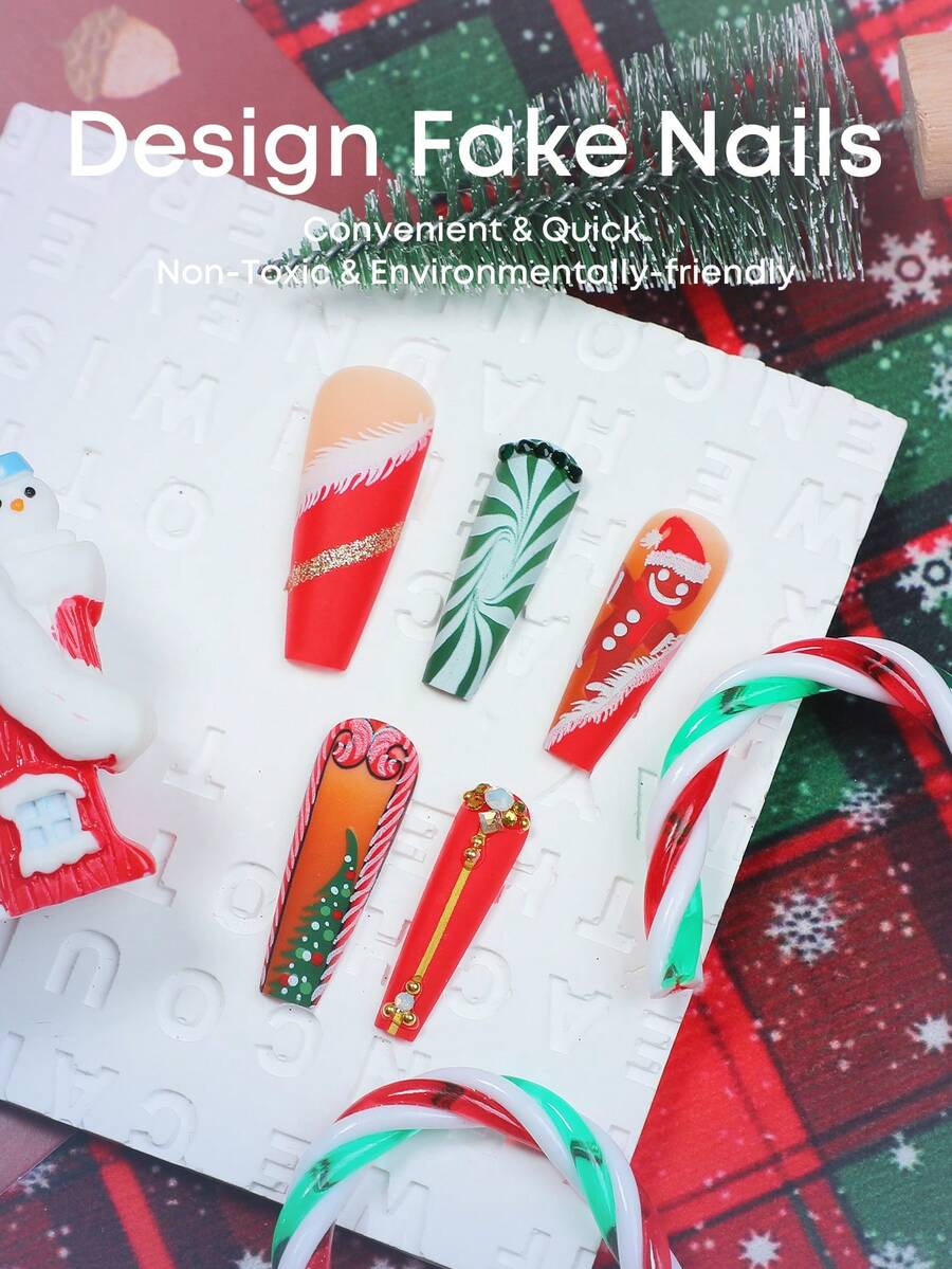 24pcs Long Coffin Christmas Press On Nails, White Elk And Snowflake Design With Gold Glitter, Elegant Glossy Nail Set For Women Daily Use