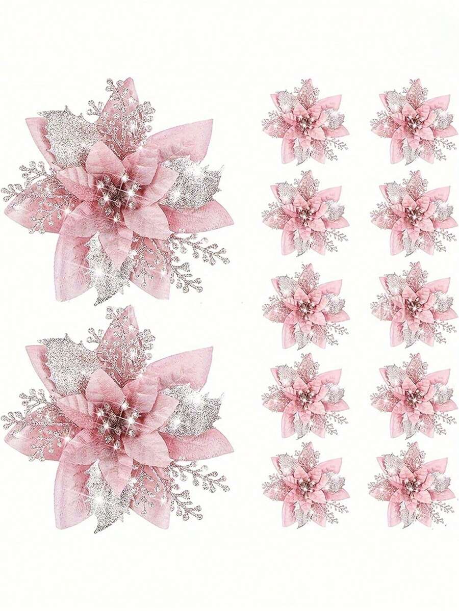 10pcs Blue Poinsettia Christmas Tree Flowers, 5.7" Artificial Holiday Ornaments, Reusable Feather-Free Floral Decorations for Xmas Trees & Home Décor