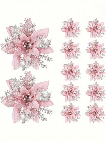 10pcs Blue Poinsettia Christmas Tree Flowers, 5.7" Artificial Holiday Ornaments, Reusable Feather-Free Floral Decorations for Xmas Trees & Home Décor