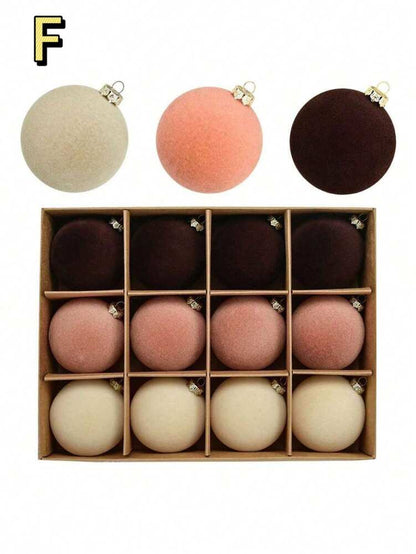 12pcs Velvet Flocked Christmas Decoration Balls, Drop-Proof Plastic Ornaments, Elegant Tree Baubles for Parties, Birthdays, or Holiday Photoshoots