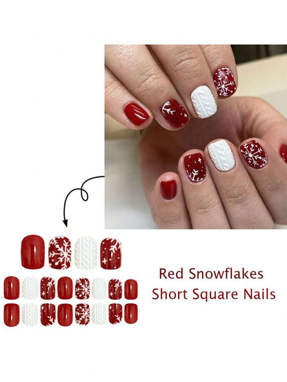 24pcs Short Square Christmas Press On Nails, Cute Snowman And Red Glitter French Tips, Jelly Gel & File Included, Holiday Nail Set For Women
