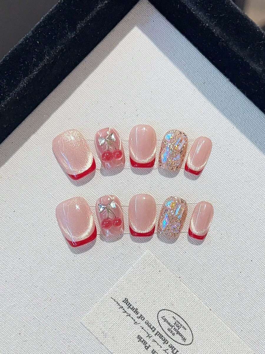 10pcs Short Square Press On Nails, French Heart Minimalist Jelly Pink Design, Handmade Nail Set For Wedding Party Or Daily Wear