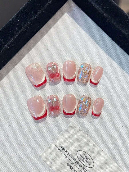 10pcs Short Square Press On Nails, French Heart Minimalist Jelly Pink Design, Handmade Nail Set For Wedding Party Or Daily Wear