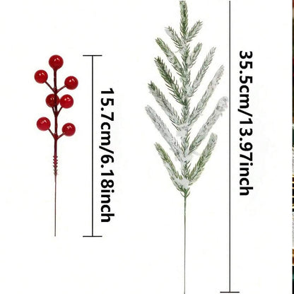 Artificial Pine Branches with Red Berries (2/10pcs), 14-Inch Realistic Greenery for Christmas Wreaths, Canes, Vases, and Holiday Tree Decorations