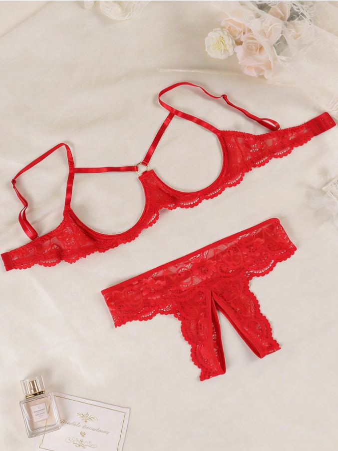 Women's Black Sexy Lace Lingerie Set - Featuring Bowknot Decor Bralette & Open Crotch Lace Tanga Panties For Going Out