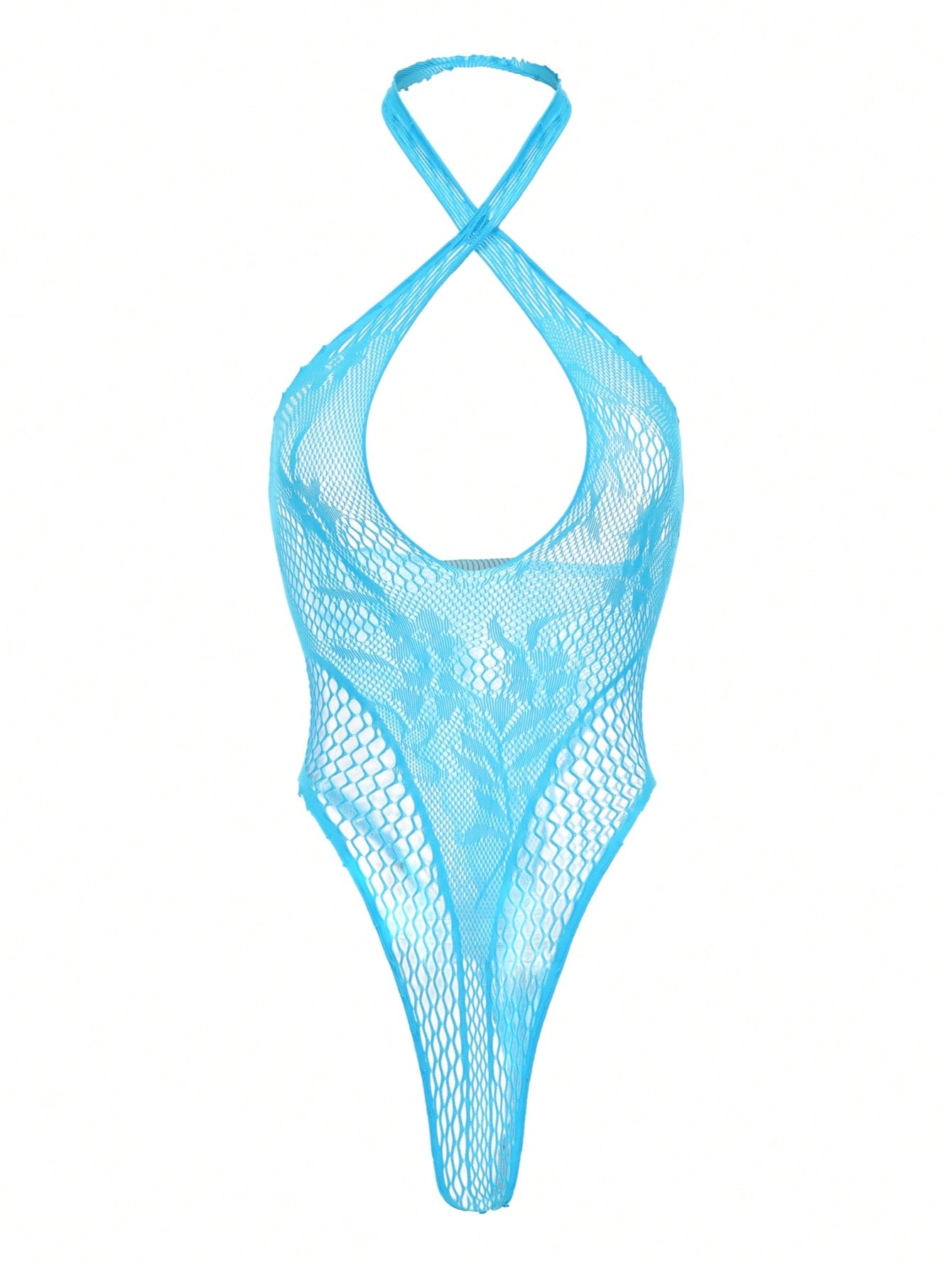 Blue Sleeveless Fishnet Bodysuit High Stretch for Beach and Party