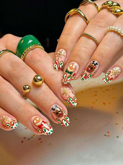 24pcs Christmas Press-On Nails, Short Square Snowman Design with Glitter French Tips, Acrylic False Nail Set with Jelly Glue & File for Holiday Wear