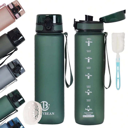 34oz Sports Water Bottle with Time Marker & Carry Strap, Leak-Proof Large Capacity Reusable Bottle for Gym, School, Biking & Outdoor Fitness (1pc)