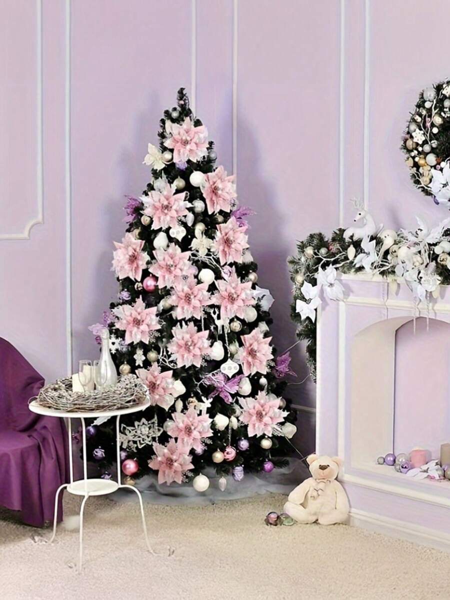 10pcs Blue Poinsettia Christmas Tree Flowers, 5.7" Artificial Holiday Ornaments, Reusable Feather-Free Floral Decorations for Xmas Trees & Home Décor