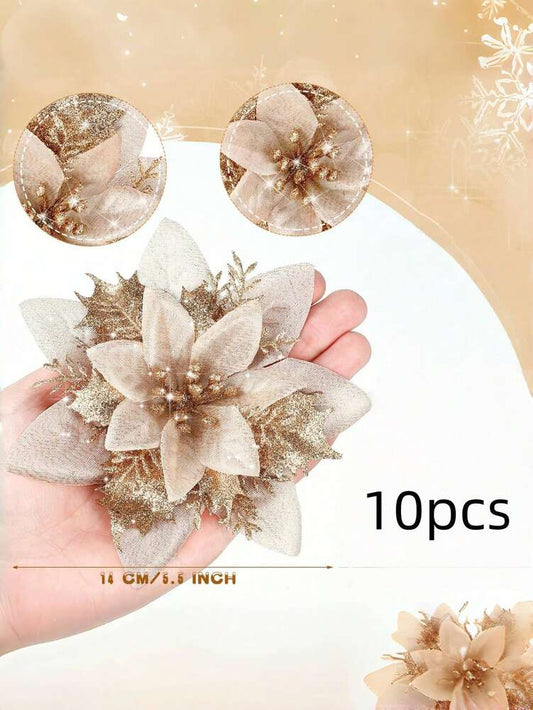 10-Piece Champagne Gold Poinsettia Set, Glitter Artificial Christmas Flowers for Tree, Wreath & Vase Decor, Elegant Holiday Home & Wedding Decorations