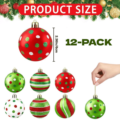 12/6pcs Glitter Christmas Ball Ornaments, Red & Green Swirl Candy and Peppermint Design for Festive Tree & Holiday Decor
