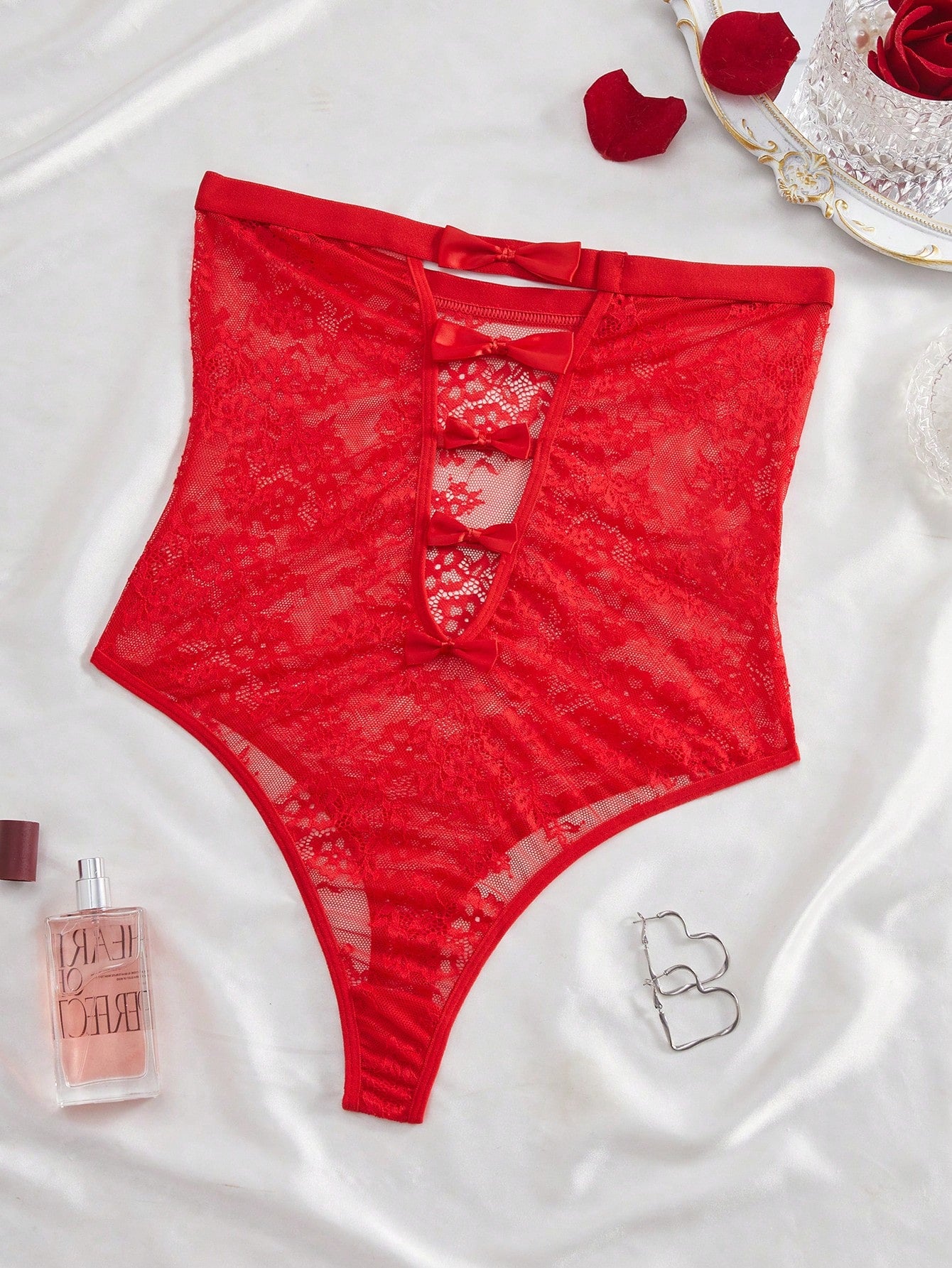 Hollow Cut-Out Bow Decor Lace Romper Sexy Bodysuit