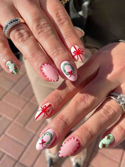 24pcs Almond Christmas Press On Nails, Red Santa Hat Short False Nails, Holiday Nail Set For Women, Office, Date, Party & Everyday Wear