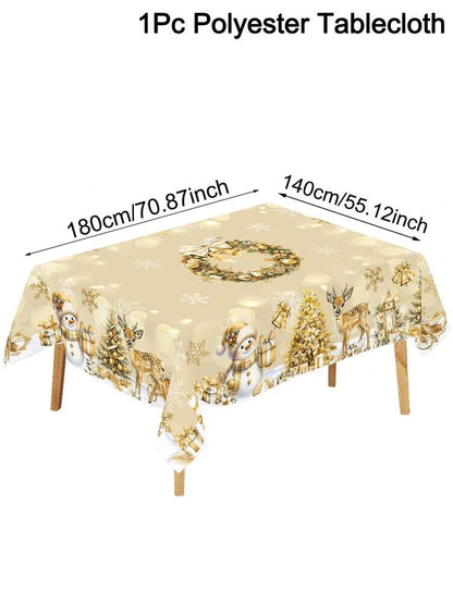 Festive Christmas Tablecloth with Snowman & Reindeer Wreath Design, Polyester Winter Table Cover for Dining Room & Kitchen Holiday Decor