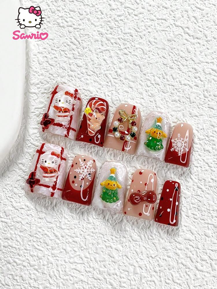 10pcs Snow Press On Nails, 3D Santa And Gift Box Design With Candy Cane And Tree Charms, Handmade French Tips For Women Christmas Daily Use