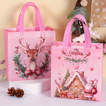 8pcs Pink Christmas Tote Bags with Handles, Reusable Non-Woven Gift Bags with Santa, Elk & Bell Prints for Holiday Packaging & Festive Decor