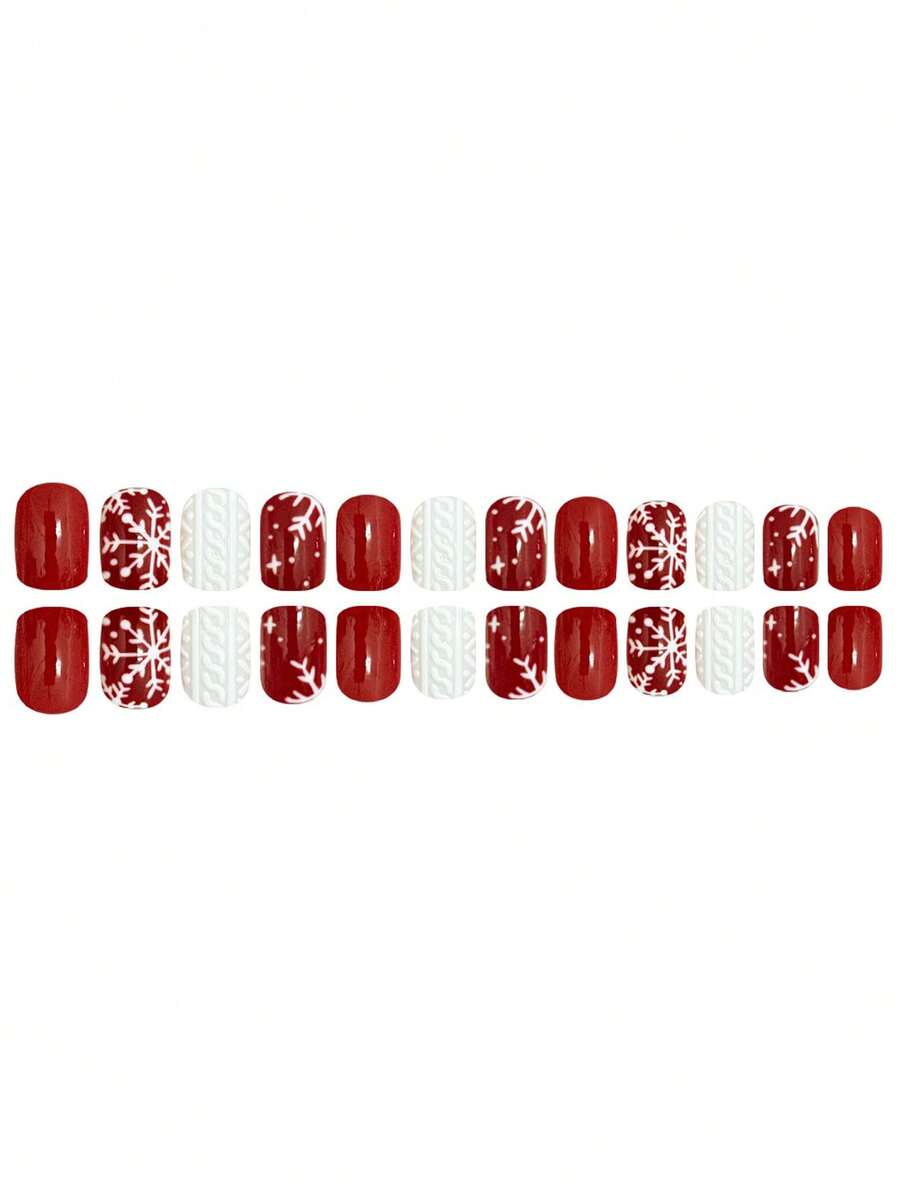24pcs Short Square Christmas Press On Nails, Cute Snowman And Red Glitter French Tips, Jelly Gel & File Included, Holiday Nail Set For Women