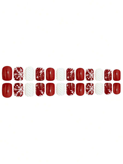 24pcs Short Square Christmas Press On Nails, Cute Snowman And Red Glitter French Tips, Jelly Gel & File Included, Holiday Nail Set For Women
