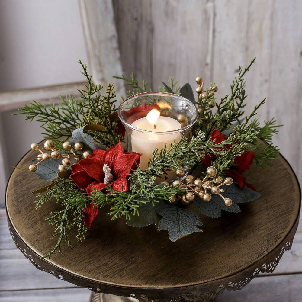 Christmas Candle Ring Holder with Red Flowers, Gold Berries & Greenery, Holiday Table Centerpiece