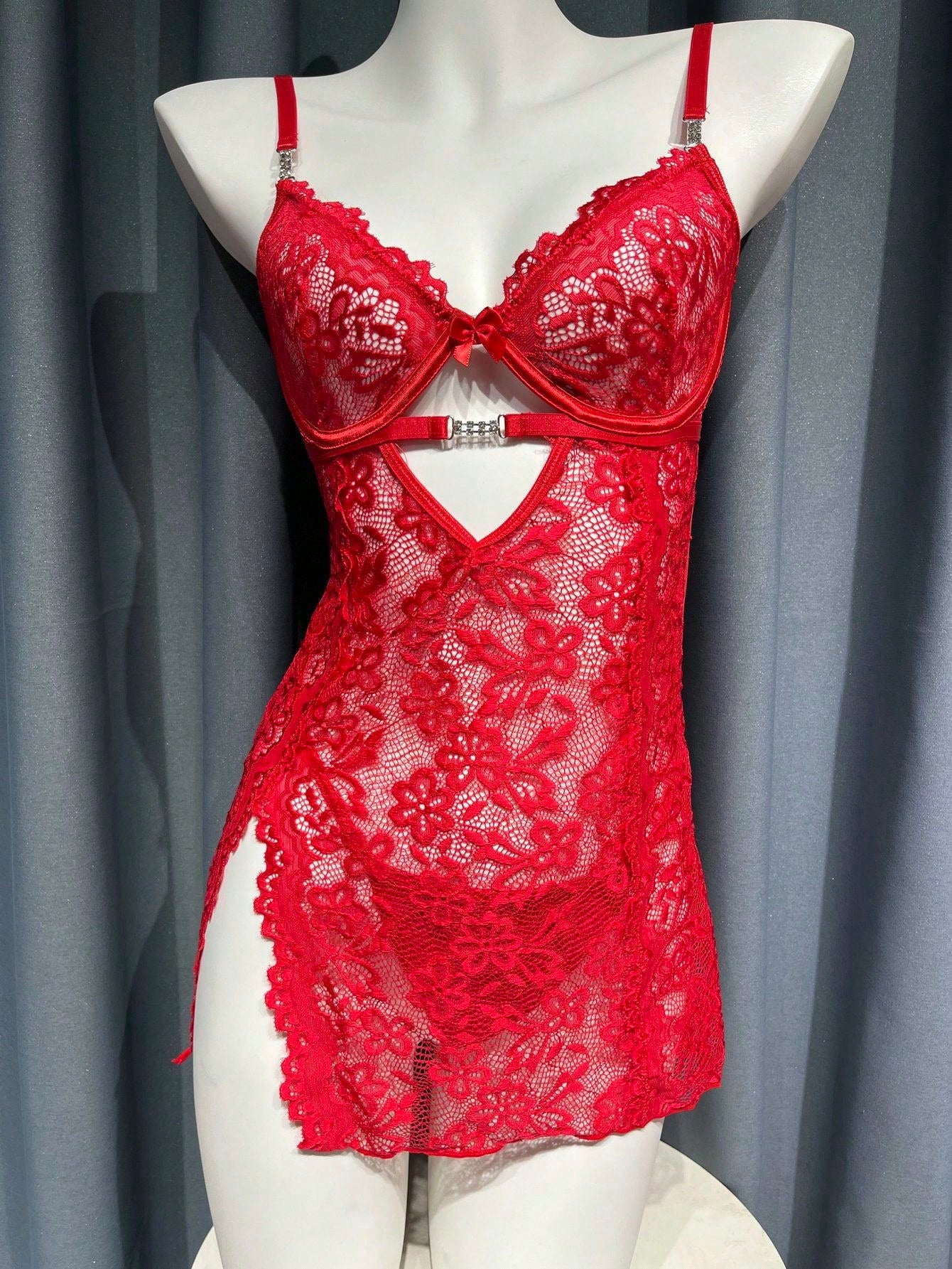 2-Piece Lace Contrast Mesh Sexy Lingerie Set with Underwire Dress and G-String