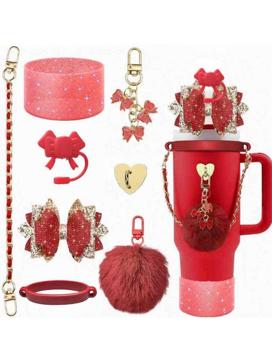 Bling Tumbler Accessory Set for 40oz/30oz Cups, Includes Silicone Bow Straw Topper, Leather Handle Strap & Decorative Charms
