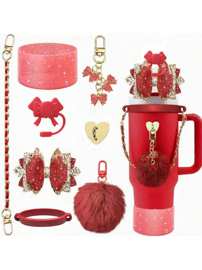 Bling Tumbler Accessory Set for 40oz/30oz Cups, Includes Silicone Bow Straw Topper, Leather Handle Strap & Decorative Charms