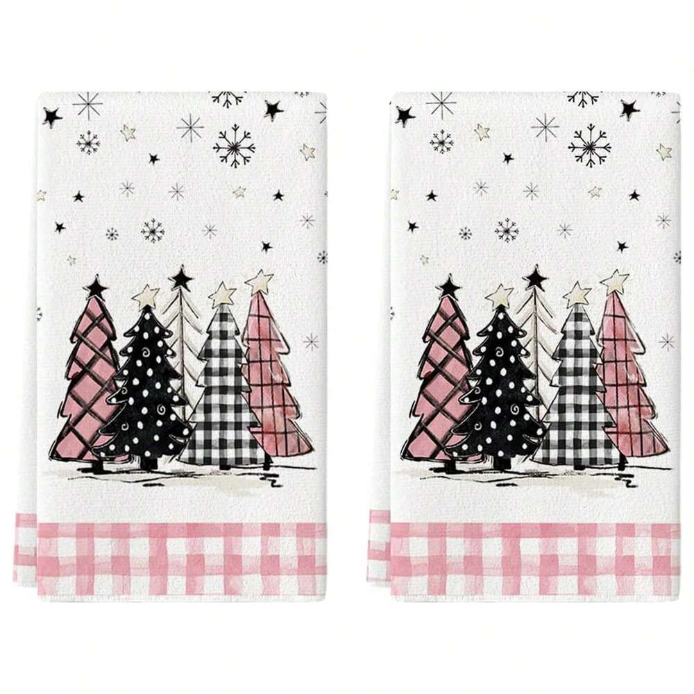 2pcs Buffalo Plaid Christmas Kitchen Towels, Santa & Tree Themed Cotton Dish Towels for Seasonal Cooking, Baking & Holiday Home Decor