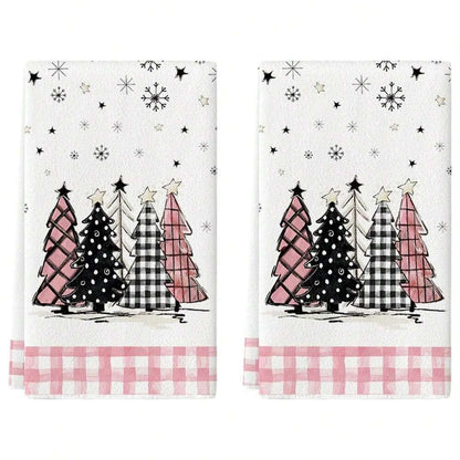 2pcs Buffalo Plaid Christmas Kitchen Towels, Santa & Tree Themed Cotton Dish Towels for Seasonal Cooking, Baking & Holiday Home Decor