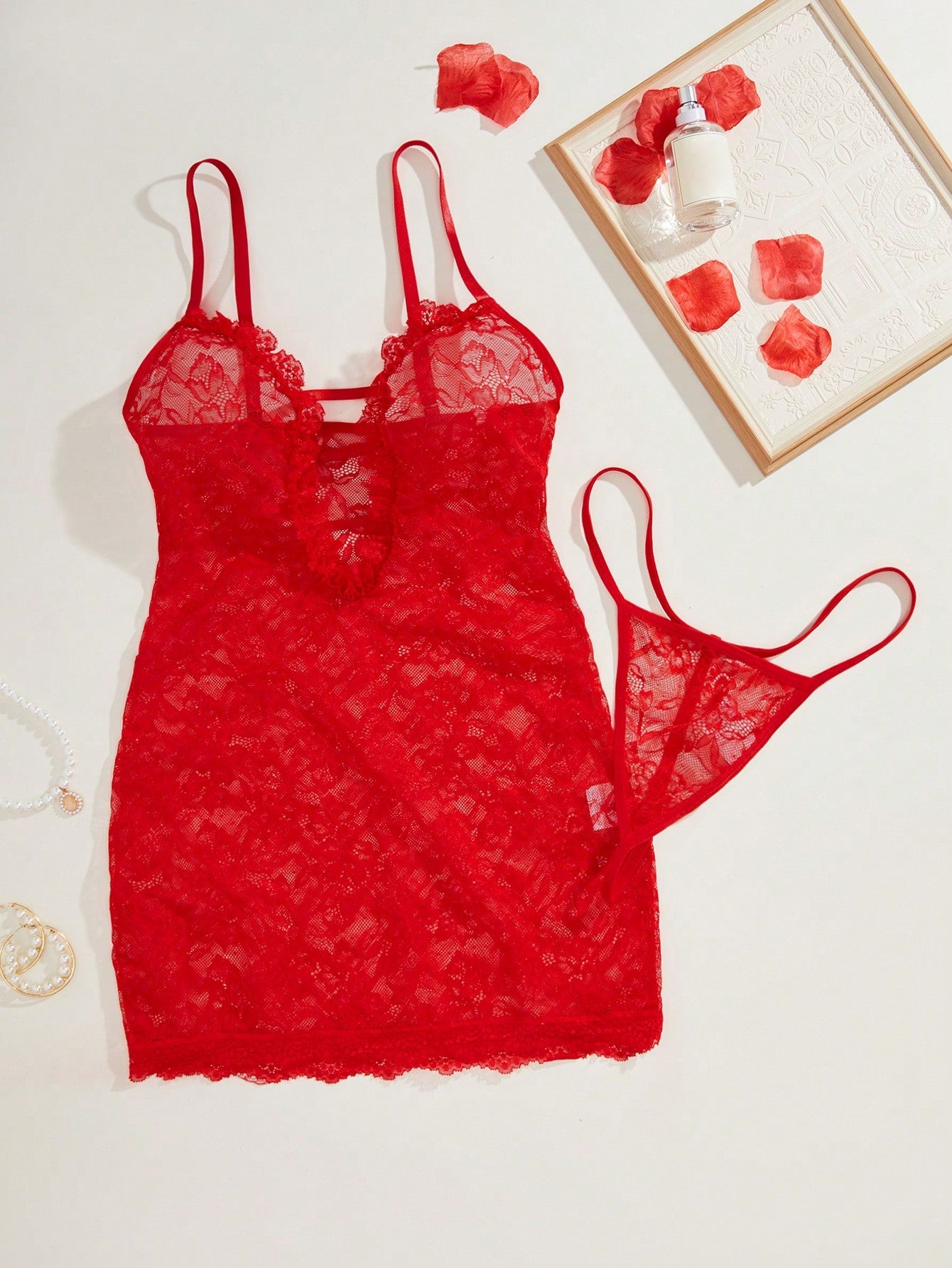 Cutout Detail Lace Slip Dress and Thong Sexy Lingerie Set