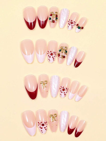 24pcs Red Glitter Christmas Press On Nails, Short Square Bling False Nails With Cute Elk Grid Design, Festive Nail Set Gift For Women Party Wear