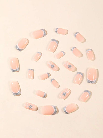 24pcs Short Square Champagne Glitter Christmas Press On Nails, Snowflake Full Cover Holiday False Nails For Women Nail Art Supplies