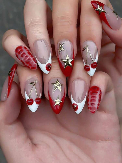 24pcs Long Stiletto French Press On Nails, White Red Cherry Pattern With 3D Bow And Pearl Decor, Romantic Bling Nail Set For Party Look