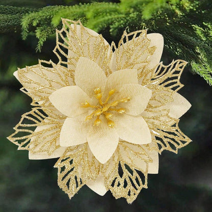 10pcs Glitter Poinsettia Ornaments with Clips & Stems, Sparkling Artificial Christmas Décor for Trees & Wreaths