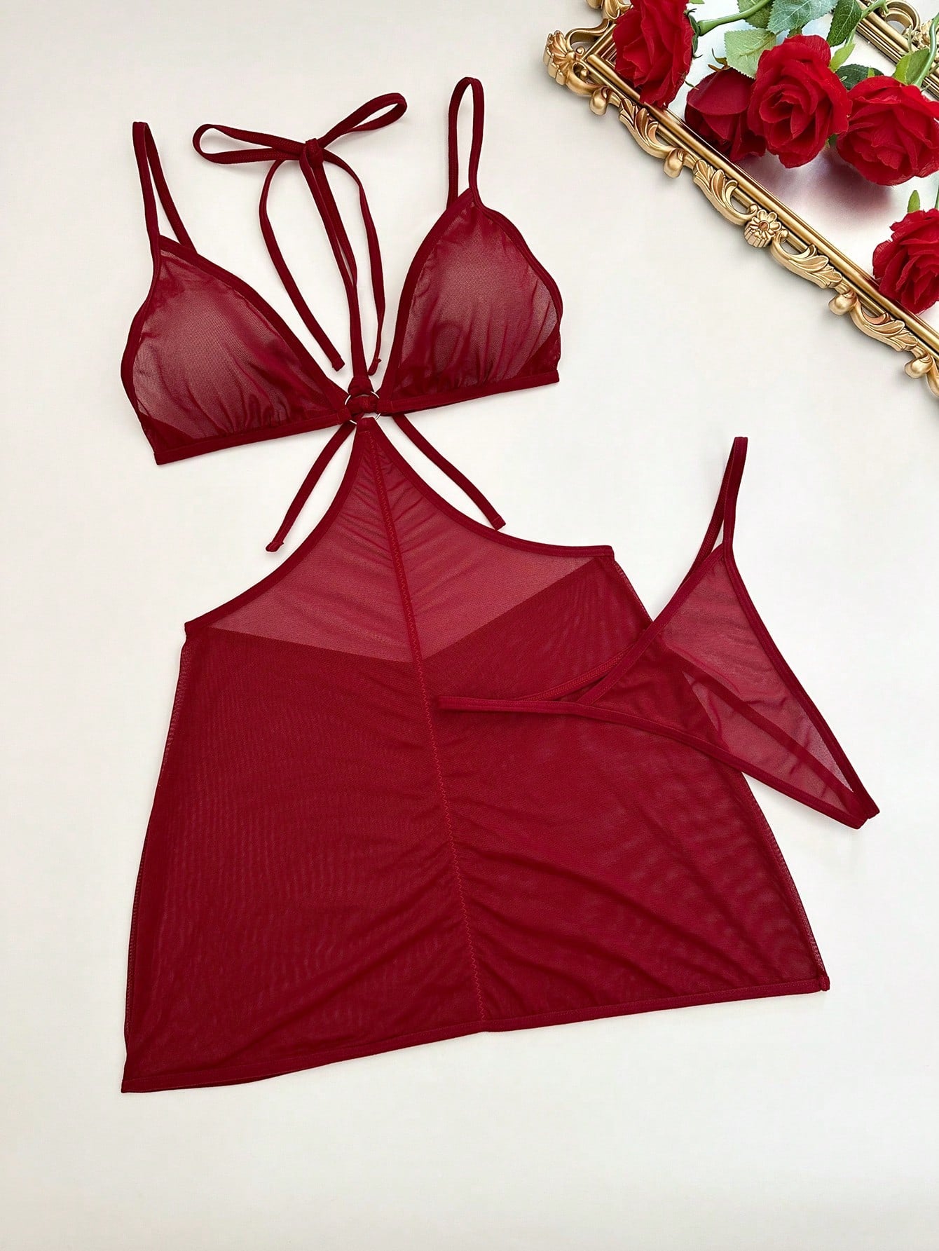 2-Piece Solid Color Halter Backless Sexy Lingerie Dress Set for Night Out