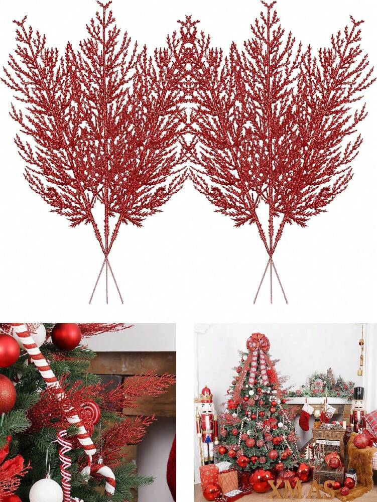 20pcs Glitter Cedar Pine Needles with Sequins, Artificial Blue and Pink Leaves for DIY Garlands, Wedding Bouquets, and Winter Holiday Home Decor