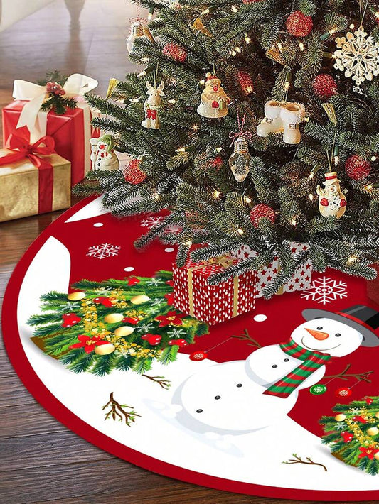 Red & Black Plaid Christmas Tree Skirt, Snowflake Pattern Round Tree Mat, Soft Decorative Base Cover for Living Room & Winter Holiday Home Decor