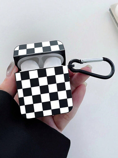 Checkerboard AirPods Case, Black Retro Check Cover with Metal Hook, Compatible with AirPods 1/2/3/Pro/Pro 2, Protective Stylish Design