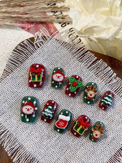 10pcs Short Square Christmas Press On Nails, Red And Green Design With 3D Holiday Charms, Acrylic Nail Set For Women Wedding Or Festival Wear