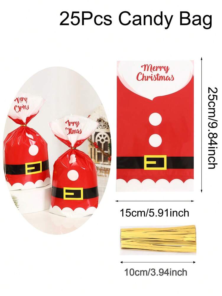 50pcs Christmas Cellophane Treat Bags with Twist Ties, Transparent Santa Claus Candy & Cookie Packaging Bags for Bakeries, Popcorn & Holiday Treats