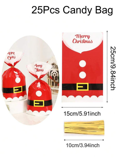 50pcs Christmas Cellophane Treat Bags with Twist Ties, Transparent Santa Claus Candy & Cookie Packaging Bags for Bakeries, Popcorn & Holiday Treats