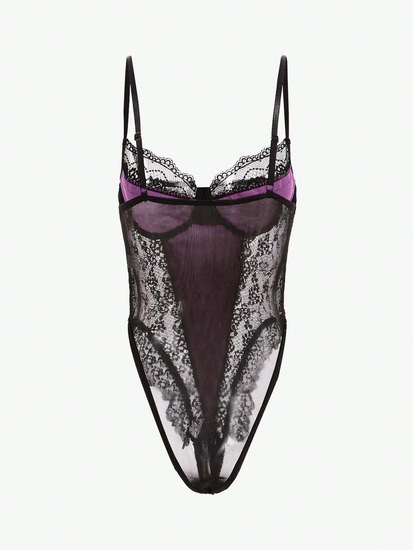 Women Contrast Lace Bodysuit With Structured One-Piece Design, Layered Lace Panel Detail, Smooth Fabric Combination, Simple Silhouette, Suitable For General Wear And Outfit Styling