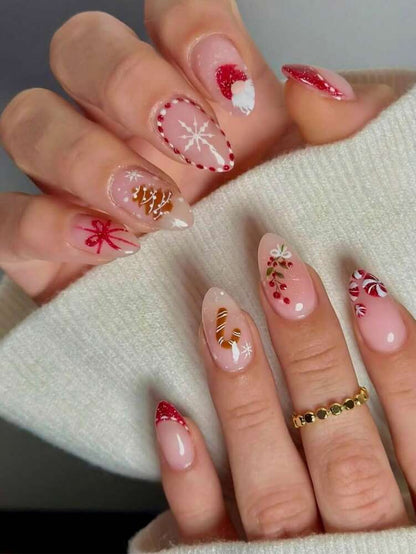 Christmas Long Almond Press On Nails 24pcs, Red French Tips With White Snowflakes And Santa Hat Design, Acrylic False Nails Set For Holiday Or Party