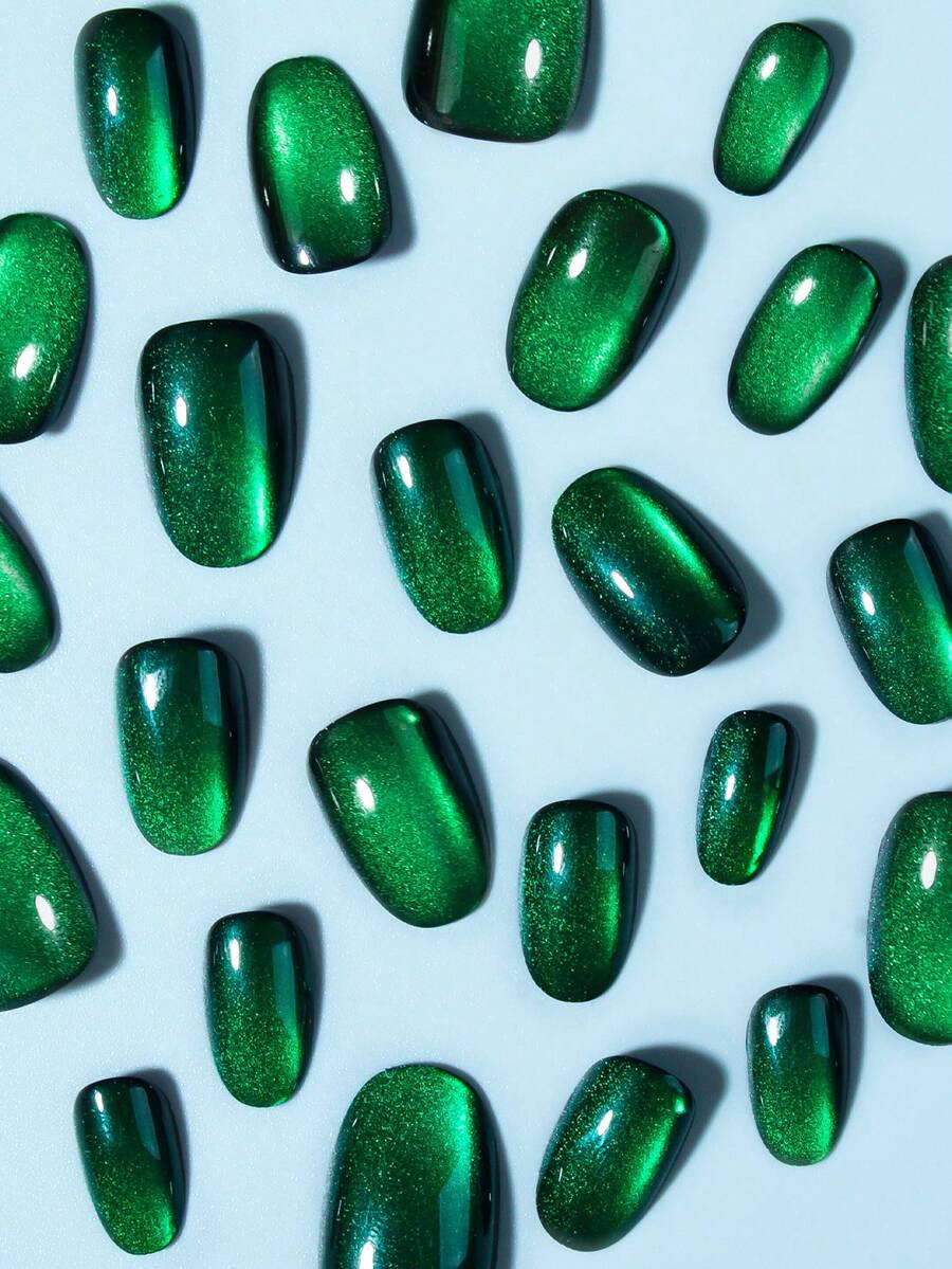 24pcs Short Oval Red Cat Eye Press On Nails, Y2K Blood-Red Glossy Acrylic Nail Set With Jelly Glue & File For Women Daily Or Study Wear