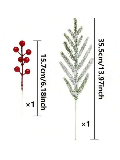 Artificial Pine Branches with Red Berries (2/10pcs), 14-Inch Realistic Greenery for Christmas Wreaths, Canes, Vases, and Holiday Tree Decorations