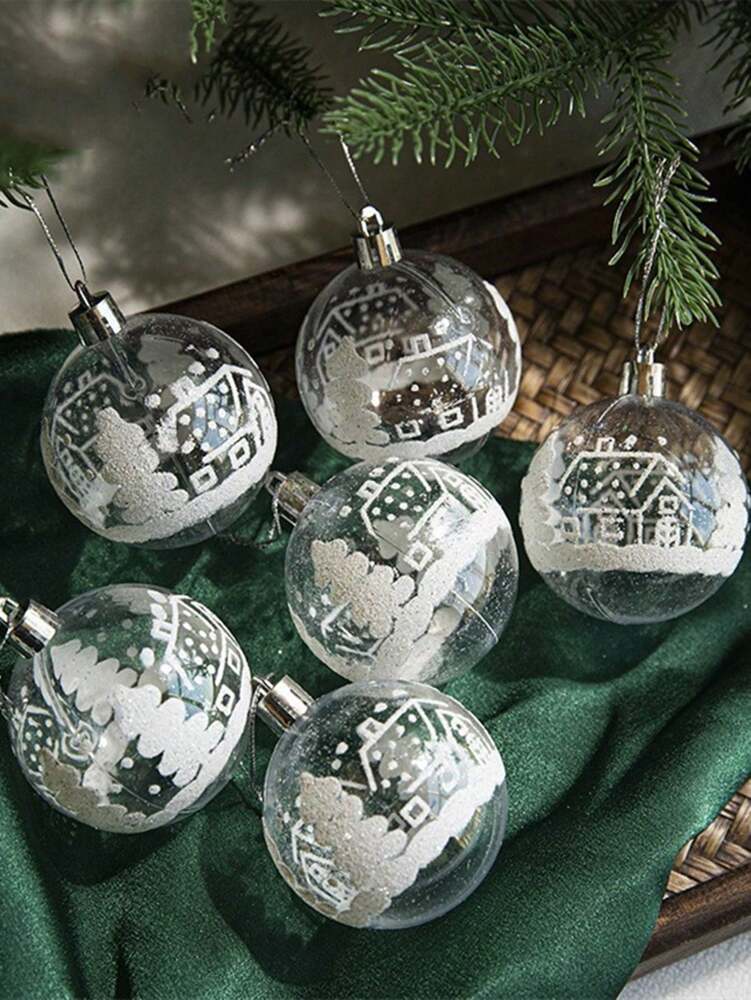6pcs Transparent Snow Christmas Ball Ornaments, 6cm Clear Hanging Baubles for Xmas Trees, Elegant DIY Holiday Decorations and Gifts