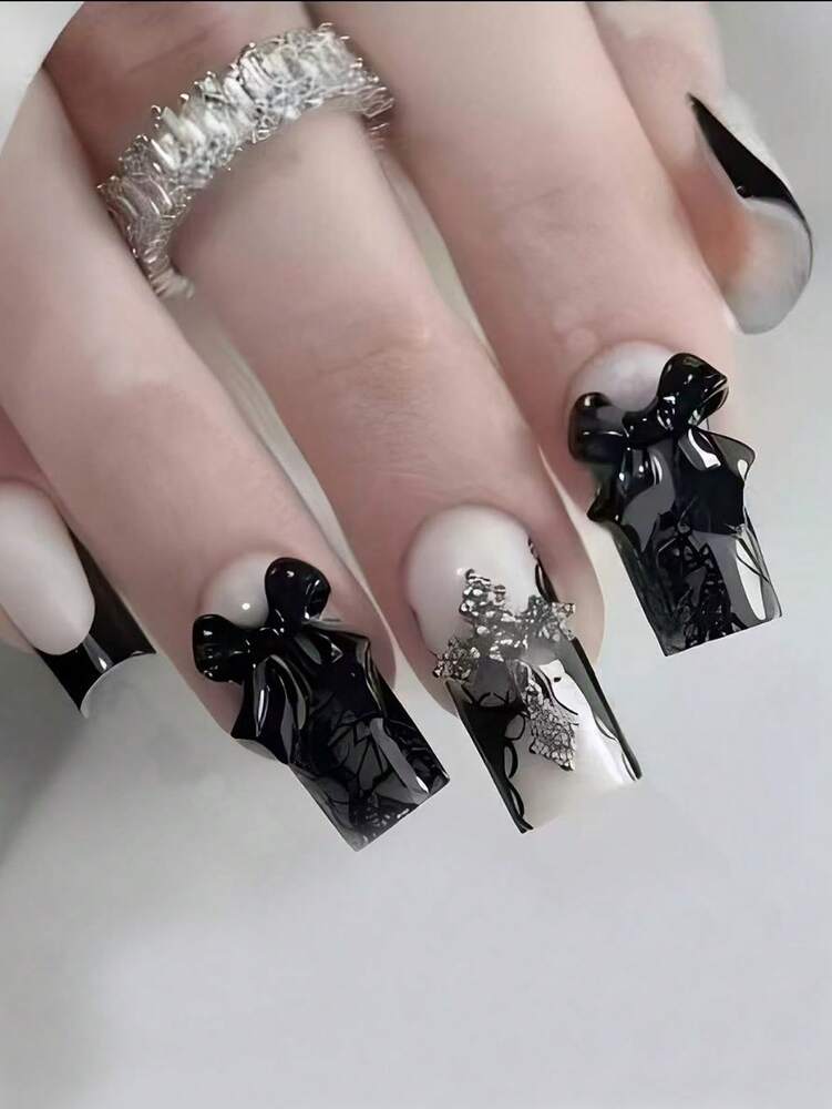 24pcs Long Ballet Christmas Press On Nails, White Snowflakes And Gingerbread Bow Design, 3D Acrylic False Nails For Women Holiday Gift