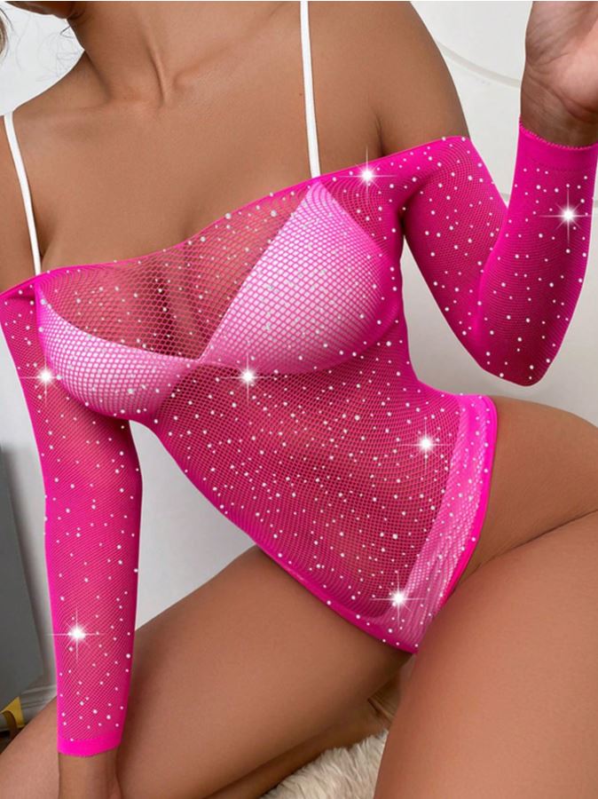 Sparkling Rhinestone Long Sleeve One Piece Lingerie Bodysuit