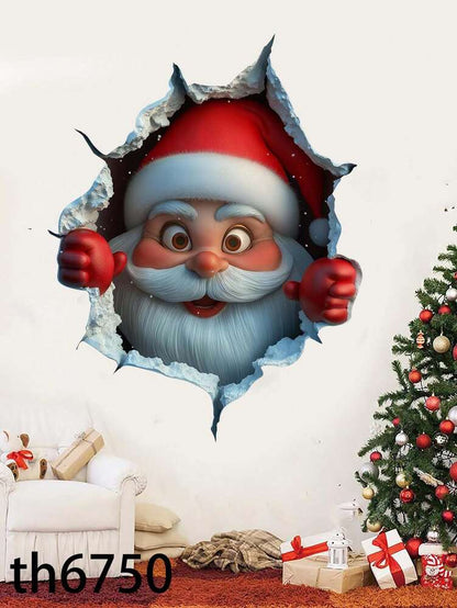 3D Santa Claus Wall Decal Sticker, DIY Breakthrough Vinyl Mural, Removable Christmas Decoration for Home, Office, or Holiday Party Background Decor